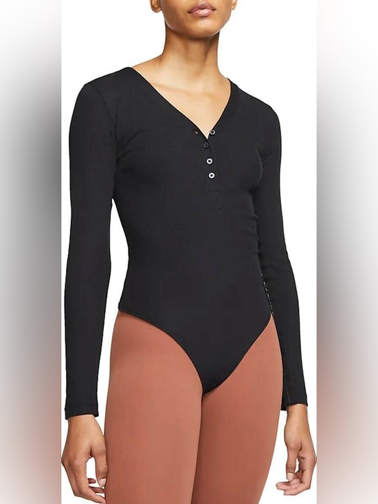 Nike Tops - Nike Yoga Black Ribbed Long Sleeve Henley Bodysuit w/ Bronze Thread Trim Size XS